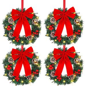 4 Pcs Lighted Christmas Wreaths, 12 Inch Pre Lit Small Xmas Wreath with Large Bow, Pine Needle Wreath with LED Lights Battery Operated Xmas Ornaments for Front Door Wall Christmas Party Decor(Red)