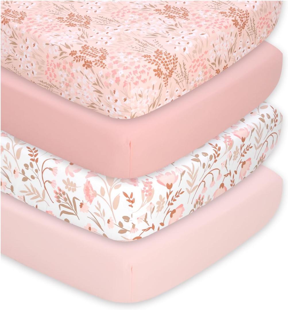 The Peanutshell 4-Pack Fitted Crib Sheet Set - Super Soft & Breathable Baby Girl Crib Sheets, Nursery Decor, Fit for Standard Mattress Cover- Whimsical Floral