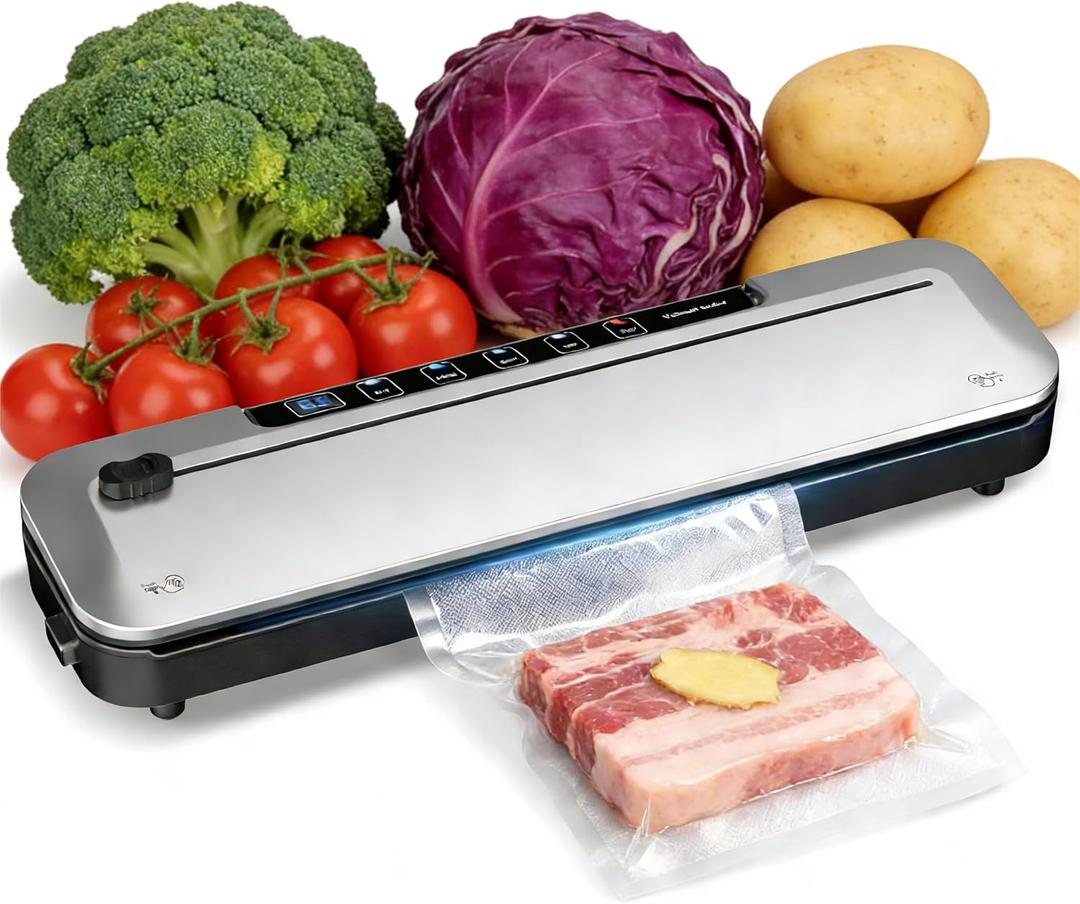 75KPa Vacuum Sealer +10 Bags, Cutter, 6-in-1 Modes & Timer (Silver)