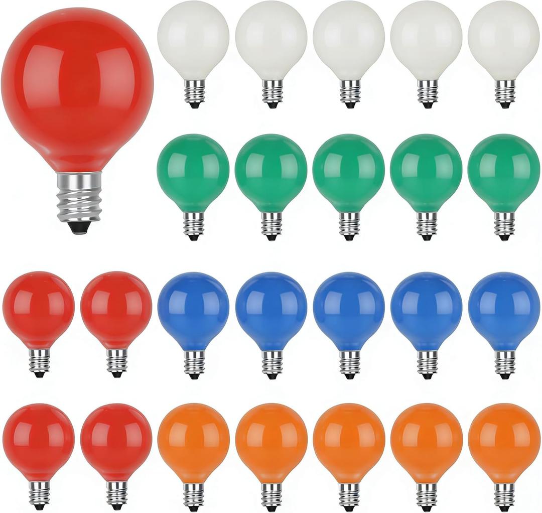 Cbebew 25 Pack G40 Replacement Bulbs, Multicolor Christmas Replacement Light Bulbs for Christmas String Lights, Indoor Outdoor Holiday Decor, E12 Candelabra Base, 5 W Incandescent Night Light Bulbs