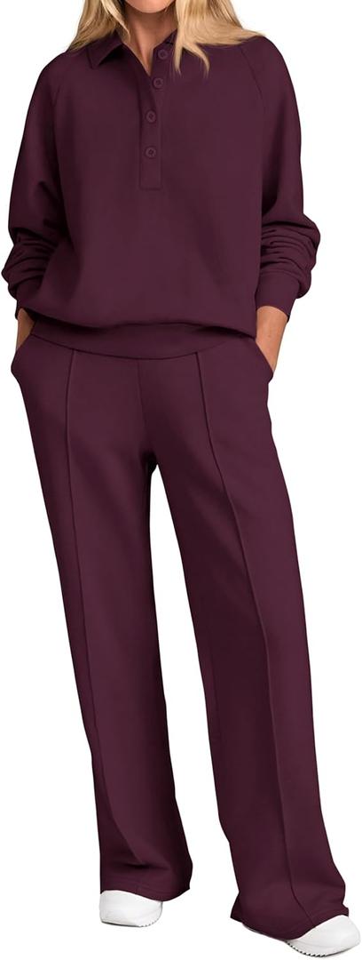 PRETTYGARDEN Women Fall 2 Piece Outfits Sweatsuits Quarter Button Long Sleeve Sweatshirt Wide Leg Pants Tracksuit Lounge Sets (Medium, Dark Wine Red)