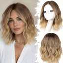 Eawwii Brown to Blonde Short Wavy Wig for Women Lace Hairline Bob Style Synthetic Heat Resistant - Natural Appearance for Everyday Hairstyle 14 Inch