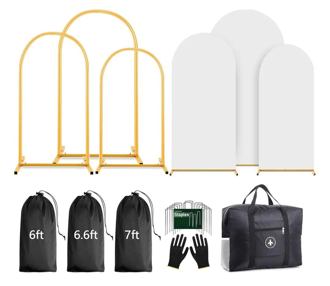 Arch Backdrop Stand and Cover Set (7.2ft,6.6ft,6ft) Metal Arch Frame Stand Gold, Wedding Birthday Party Baby Shower Graduation (White, 7.2Ft+6.6Ft+6Ft)