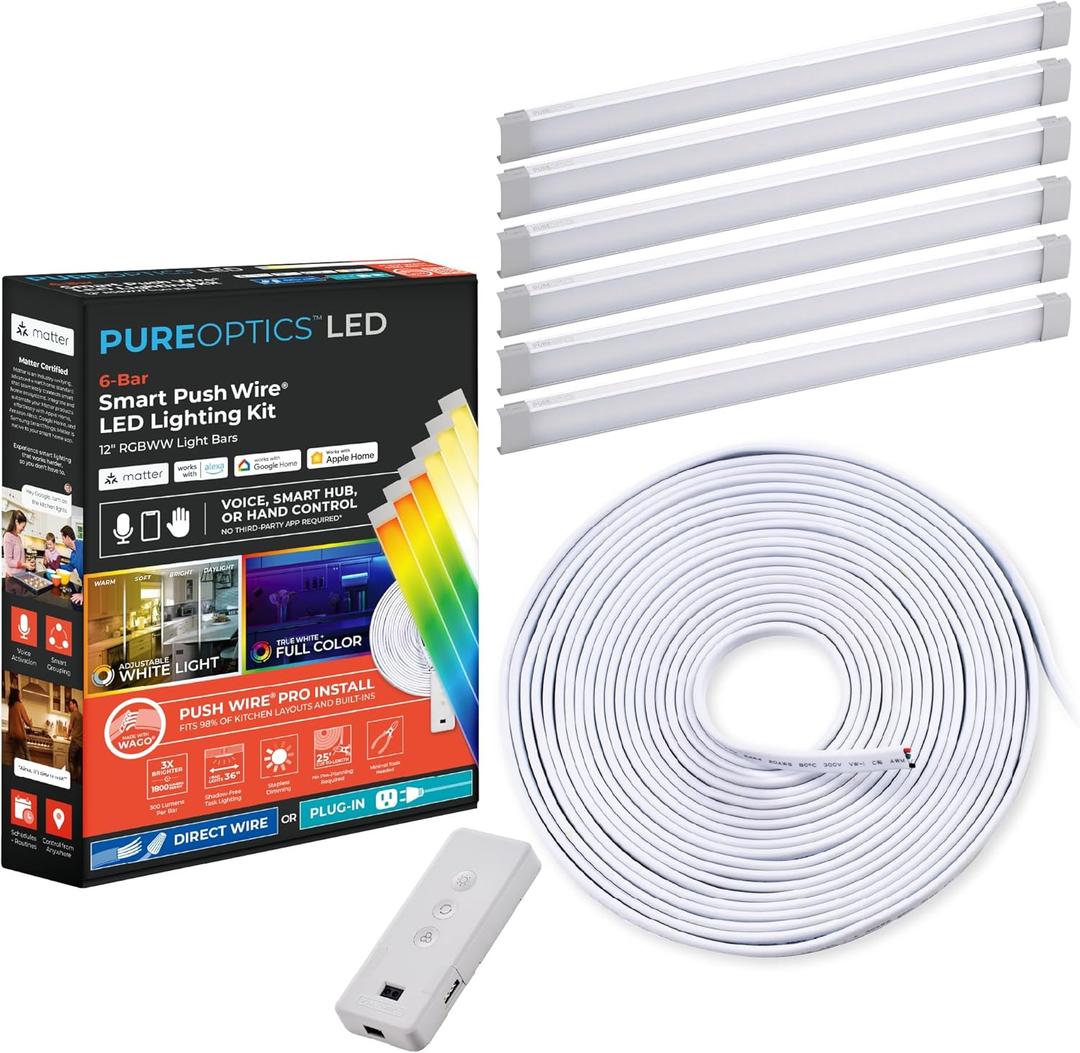 PureOptics LED Professional Push Wire Matter Certified Smart Under Cabinet Lighting Kit, Adjustable White and RGB LEDs, Works with Alexa, Apple Home, Google Home, (6) 12" Bars