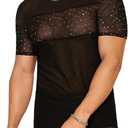 WDIRARA Men's Rhinestone Mesh Sheer T Shirts Sparkle Crew Neck Short Sleeve Casual Tee Top(Black, Medium)