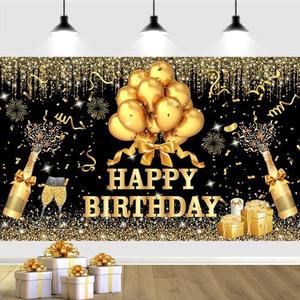 YinQin 180x120 cm Glitter Golden Black Happy Birthday Party Backdrops Cloth 71x47 inch Photography Bday Backgrounds Black Golden Happy Birthday Sign Banner Decorations for Girl Women
