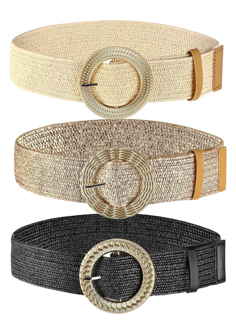 WILLBOND 3 Pcs Straw Belts Woven Elastic Waist Belt for Women Bohemian Dress Braided Belt