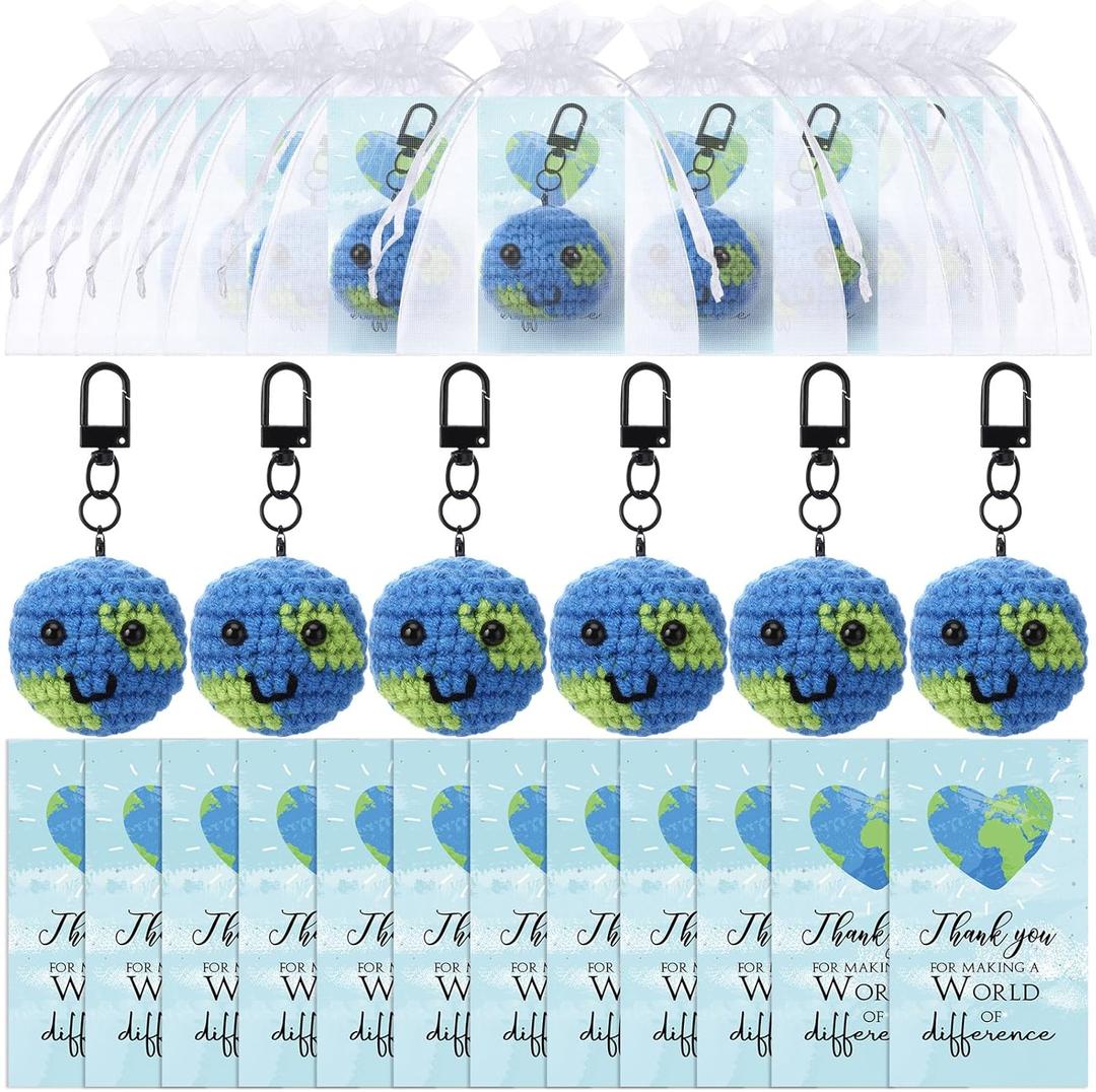 15 Sets Earth Day Inspirational Gift Bulk Mini Handmade Crochet Stress Ball Earth Keychain with Thank You Cards Employee Appreciation Gift for Office Social Worker Volunteer Teacher Nurse