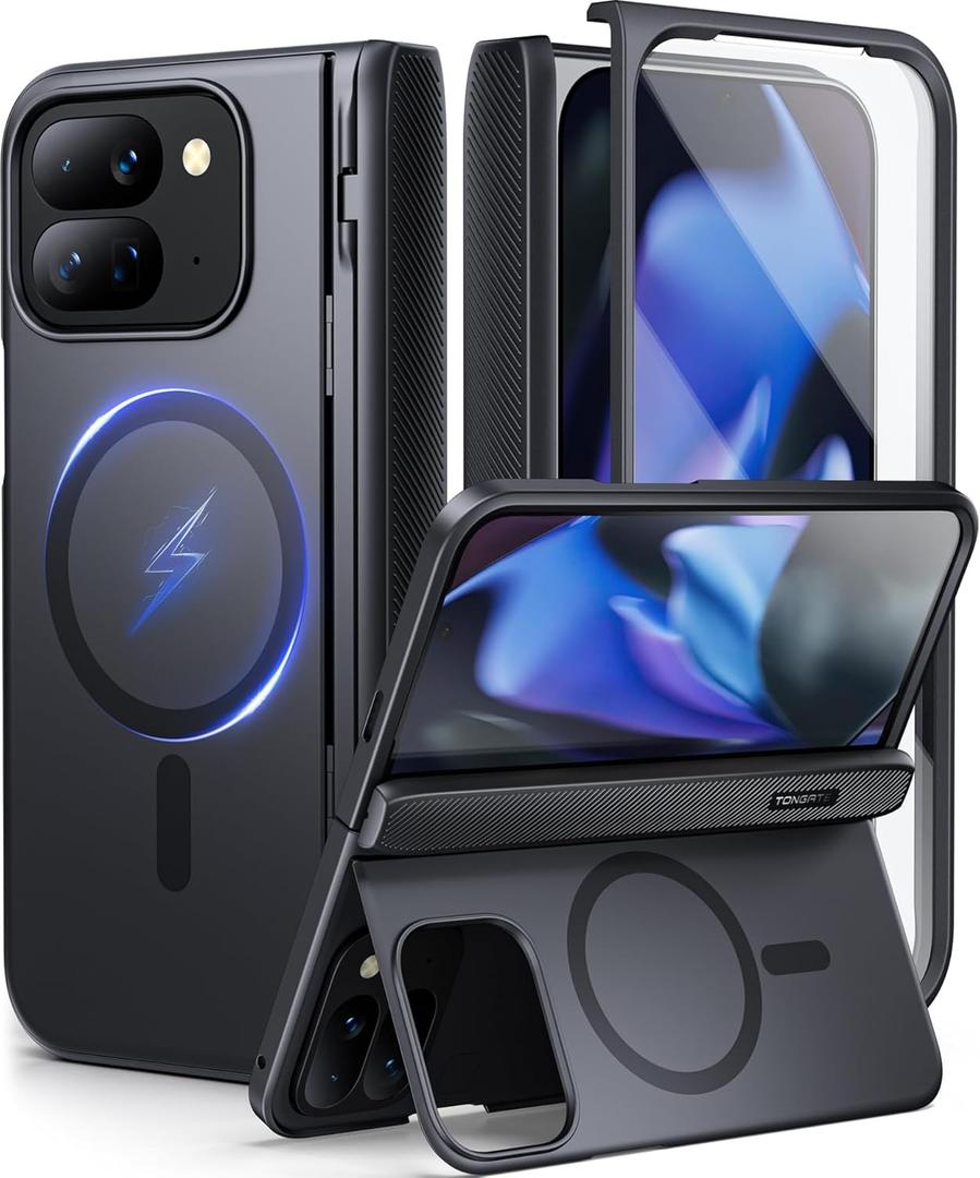 TONGATE Magnetic for Pixel 9 Pro Fold Case with Stand, [Compatible with MagSafe] Rugged Google 9Pro Fold Phone Case Built in Screen Protector & Hinge Protection for Google Pixel Fold 2 2024 8", Black