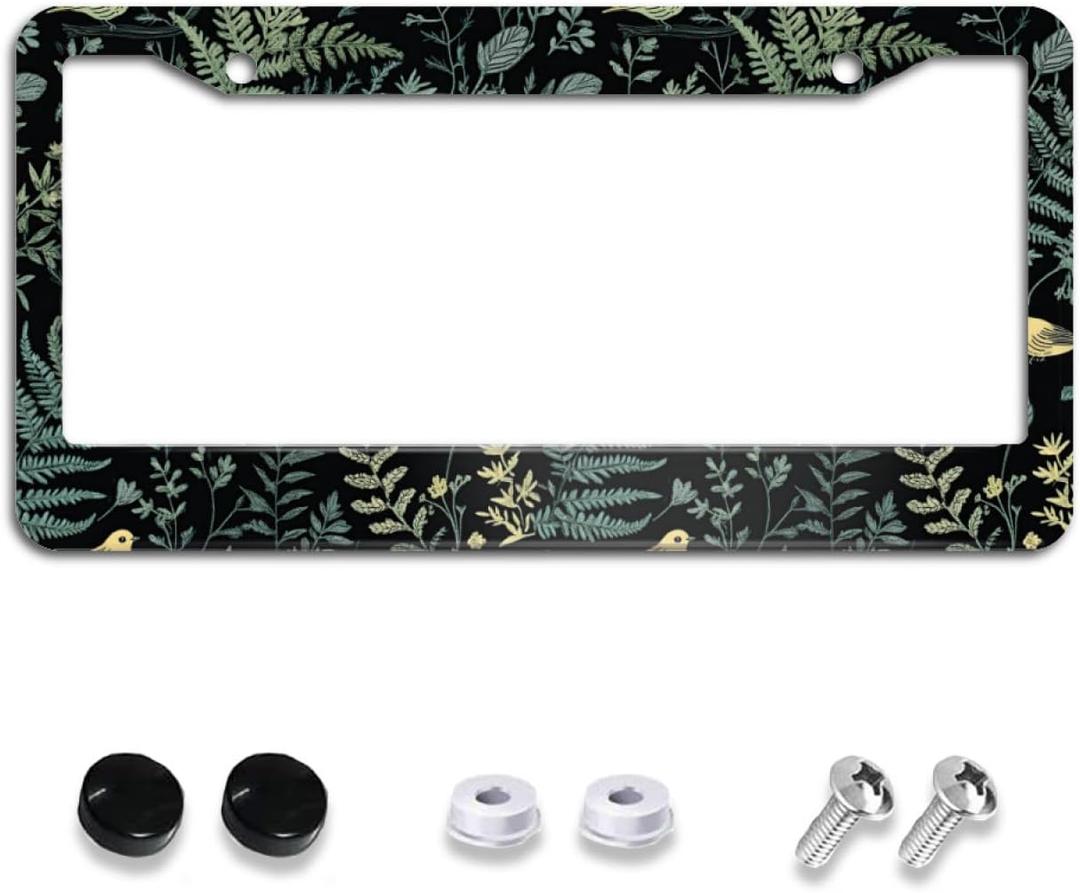Fern Forest and Birds License Plate Frame Cute Black License Plate Frames Aluminum Car Accessories Cover with 2 Holes and Screws 12 x 6 Inch for Front Rear Car Plate Decor for Women Men