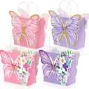 MotiMind 24 Pcs Butterfly Party Favor Bags with Handles Pink Purple Butterfly with Flower Goodies Gift Paper Treat Candy Bags for Birthday Party Bridal Showers Supplies