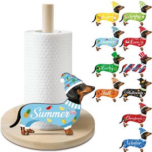 Interchangeable Paper Towel Holder Seasonal Freestanding Bamboo Paper Towel Holder with 10 Holiday Sign Countertop Decoration for Summer 4th of July Kitchen Home Bathroom (Dachshund)