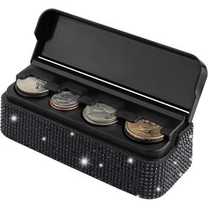 carleef Bling Coin Holder for Car,4 Compartment Car Organizers and Storage with Rhinestones Compatible with Quarter/Nickel/Pennies/Dimes,Universal Coin Organizer for Car Truck SUV (Black)