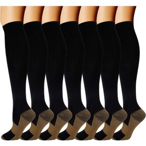 Double Couple 7 Pairs Copper Compression Socks for Men Women 20-30 mmHg Knee High Stockings (XX-Large, Black)