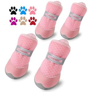 QUMY 4PCS Dog Shoes for Small Dogs, Hot Pavement Summer Puppy Dog Boots & Paw Protectors with Soft Anti-Slip Rubber Sole, Mesh Breathable Dog Booties for Hardfloors, Walking Running Pink Size 4