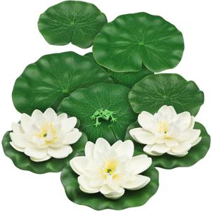 10pcs Artificial Floating Foam Lotus Flowers with Artificial Frog Lotus Leaves, Lily Pads for Lake, Pond Plants Ornaments for Pool Aquarium Water Decoration, White