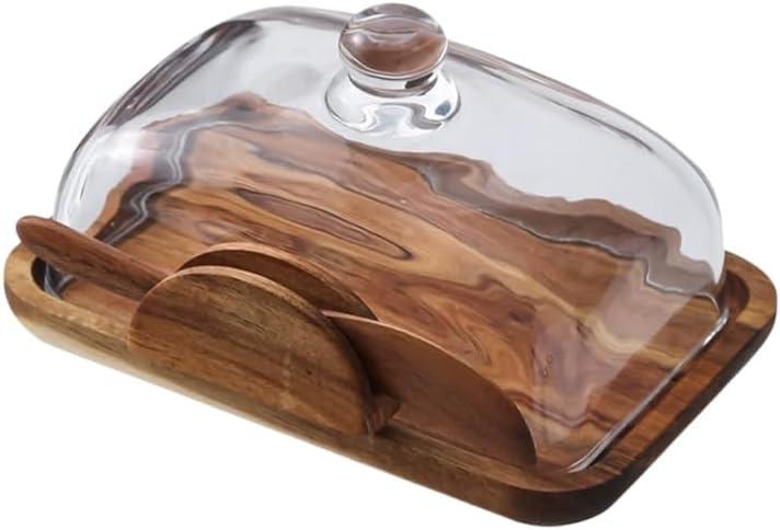 Wooden Butter Dish with Lid, Glass Cover Cheese Storage Container for Countertop Snacks Desserts Organizer Kitchen Decor, 7.08X5.11X3.74 Inch