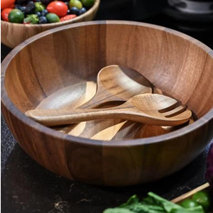 SullyHÔME 12" Acacia Wood Salad Bowl with Serving Spoons