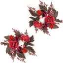 WELL KNOWN 2 Pcs 9" Mini Burgundy Dark Red Rose Artificial Flower Candle Rings Wreaths for Pillars as Mother's Day Home Dining Table Hanging Decor, Floral Wreath for Birthday Wedding Party & Gift