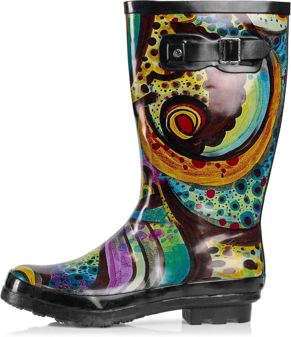 NORTY Waterproof Rain Boots for Women, Mid Calf, Durable Sole, Comfortable, Stylish Outdoor Boots (6, Monet Print,  11.25" Shaft )