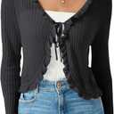 Womens Sheer Lightweight Cardigan Long Sleeve Tie Front Cropped Bolero Shrug Ruffle Trim Hollow Out Tencel Mesh Cardigan (Black, L)