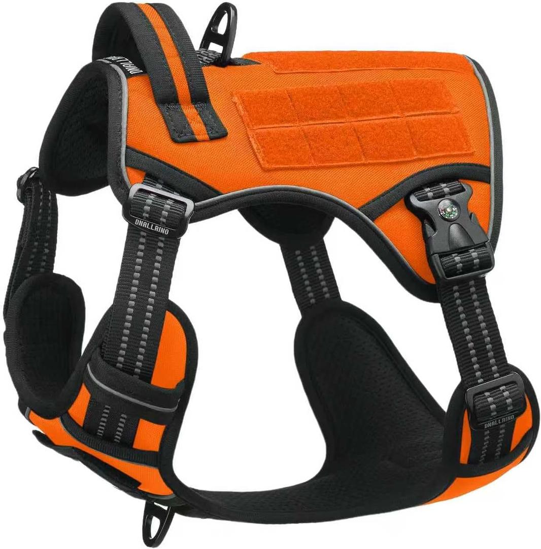 Tactical Dog Harness for Small and Medium Breeds, Heavy Duty Dog Harness with ID Card, Reflective Hiking Harness for Training Easy Control Dog Vest with Handle (Orange), 