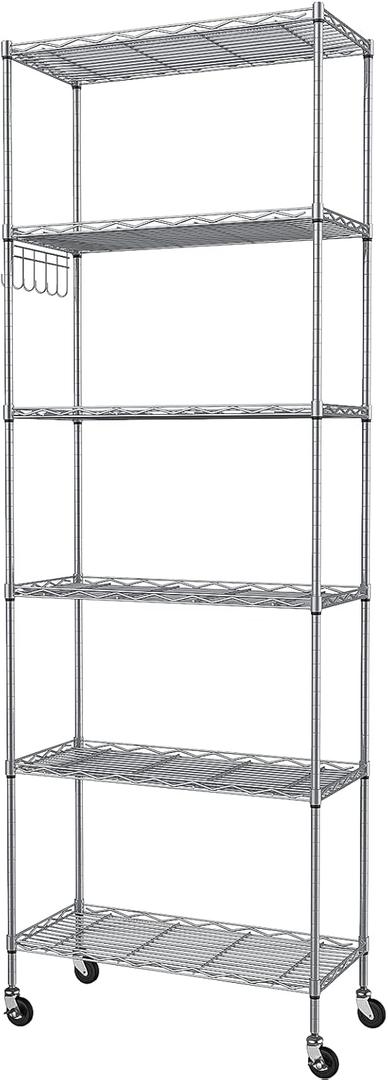 Homdox 6-Tier Storage Shelf Wire Shelving Unit Free Standing Rack Organization with Caster Wheels, Stainless Side Hooks, Silver Gray | Rack Organization, with Caster Wheels, Stainless Side Hooks