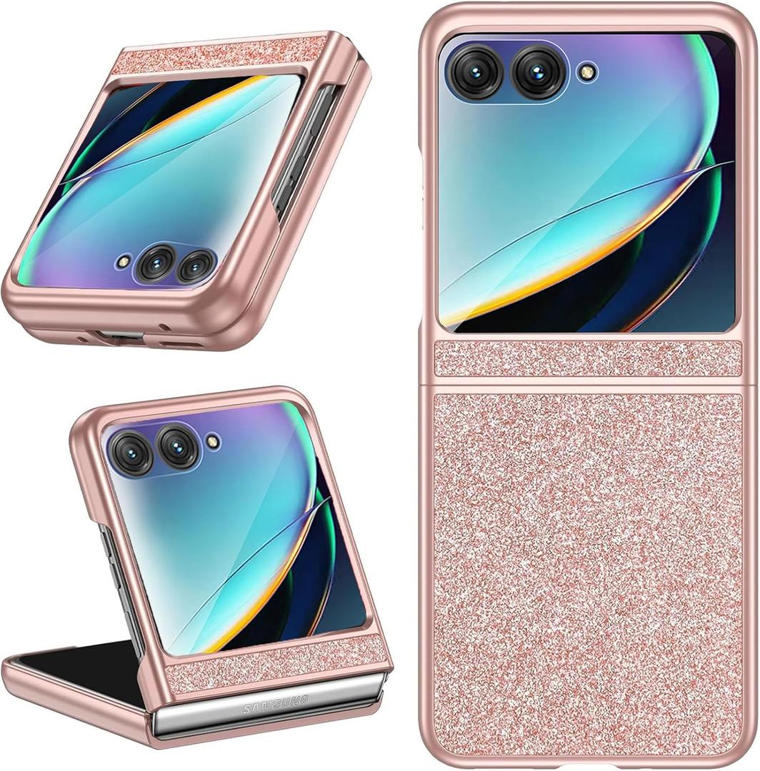 Ninki Glitter Leather Case for Motorola Razr Plus 2024, Flip Phone Case with Screen Protector - Rose Gold