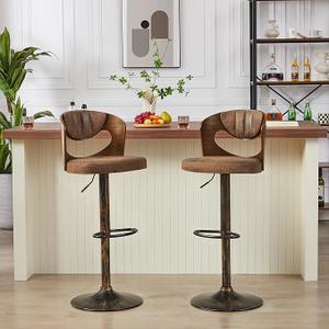 VECELO BarStools Set of 2,Kitchen Island Stools with Bentwood Back,Arm&Footrest,Counter Height Bar Chairs PU Leather Cushion Seat Adjustable Height 360°Swivel,Island Chairs for Club Pub,Rustic Brown