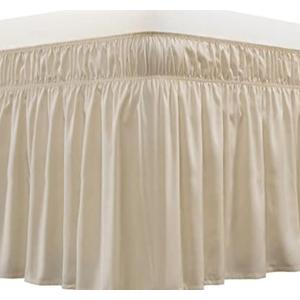 MEILA Wrap Around Bed Skirt Three Fabric Sides Elastic Dust Ruffled 16 Inch Tailored Drop,Easy to Install Fade Resistant-Beige, Queen/King