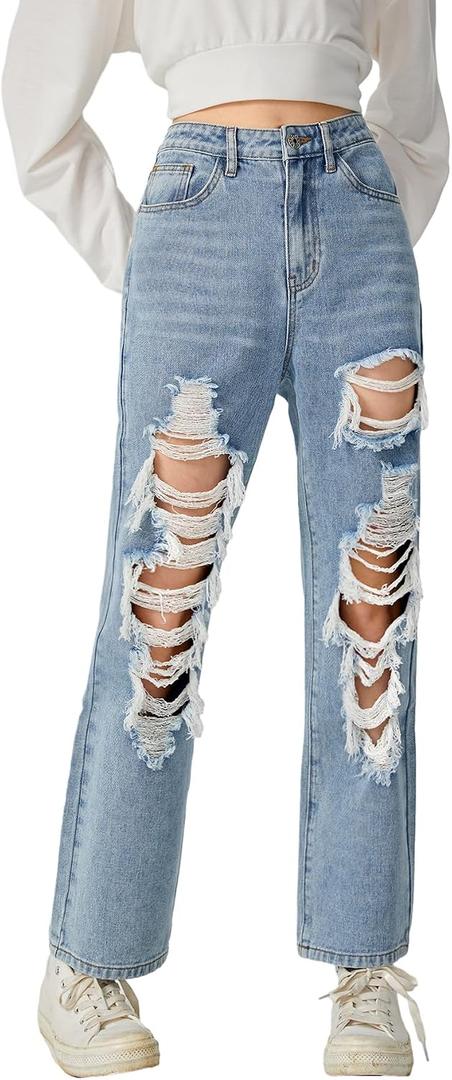 WDIRARA Girl's Figure Graphic Print High Waist Ripped Jeans Casual Button Denim Pants