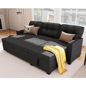 Wakefit Reversible Sectional Sofa Couch, Sleeper Sofa Bed with Storage Chaise Pull Out Couch for Living Room | Hidden Stroge | Pull Out Bed | Removable Backrest | Linen Fabric, DeepGrey