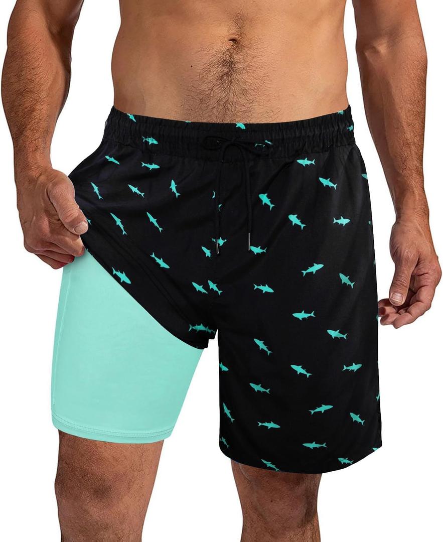 XiaoMoSha Mens Swim Trunks with Compression Liner 7" Quick Dry Board Shorts Bathing Suit with Pockets Swimwear Swimsuit (Large, Black)