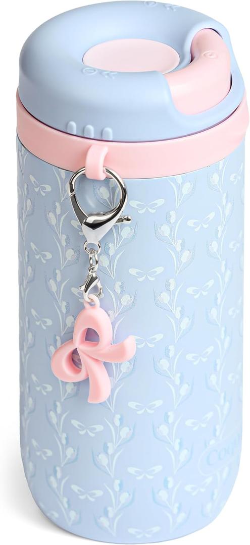 15 oz Stainless Steel Coffee Tumbler with Twist-Open Lid, Insulated Travel Mug for Iced Coffee Cold Brew and Warm Beverages, Leakproof, BPA-Free, Cup Holder Friendly, Bow Charm, Tulip Blue