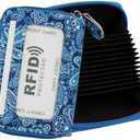 ZHOMA RFID Blocking Genuine Leather Credit Card Case Holder Security Travel Wallet With Removable Keychain ID Window for Men Women -Blue Flower