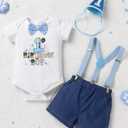 IMEKIS Baby Boys 1st 2nd Birthday Outfit Blue Bowtie Romper Suspenders Hat 3PCS Sets Cake Smash Photo Shoot (White, S) 12-18M