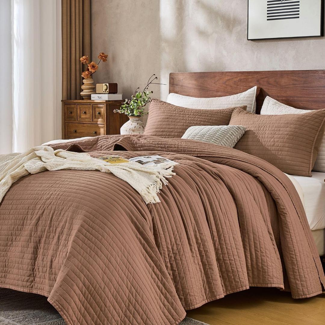 DOWN HOME Queen Quilt Bedding Set with Shams, Vintage Washed Quilted Blanket Thin Comforter Lightweight Bedspread Coverlet Bed Cover, Brushed Microfiber Stripe Stitching, Terracotta Brown, 86"x90"