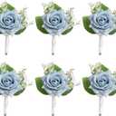 Dusty Blue Rose Boutonniere for Men Wedding, Set of 6, Wedding Flower Boutonnieres with Pins for Groom and Best Man Wedding Ceremony Anniversary, Homecoming Prom Party