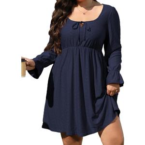 AlvaQ Plus Size Dresses for Women Square Neck Long Sleeve Dress Embroidery Eyelet A Line Sundress with Pockets L-4X (XL)