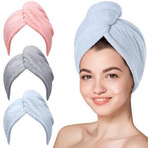 Hicober Microfiber Hair Towel Wrap, Fast Drying Hair Towels for Women, Soft Lightweight Quick Dry Turban for Curly & Long Hair3 Pack(Blue/Grey/Pink) (Large)