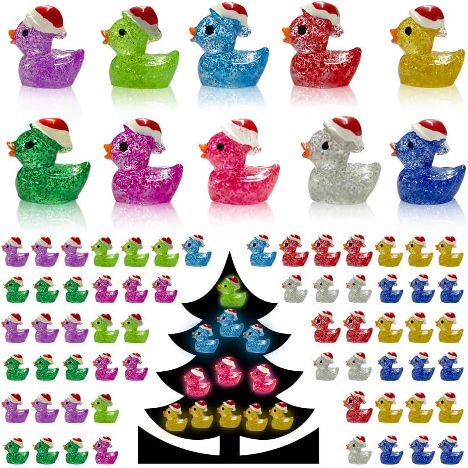100PCS Christmas Glitter Mini Resin Ducks, Luminous Miniature Figures Tiny Ducks Micro Landscape Garden Aquarium Dollhouse for Xmas Birthday Ornaments