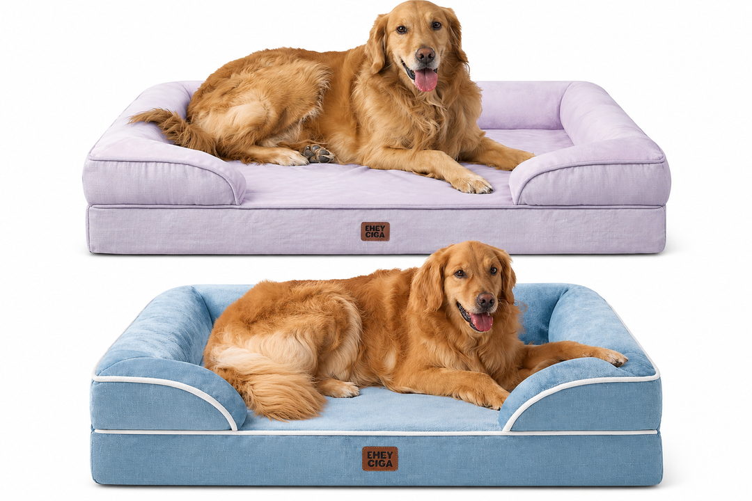 EHEYCIGA Orthopedic Dog Beds for Extra Large Dogs 44x32Inch, Waterproof Memory Foam XL Pet Bed with Sides, Non-Slip and Egg-Crate Foam Big Dog Couch Bed with Washable Removable Cover, Lilac and Washed Blue 2-Pack
