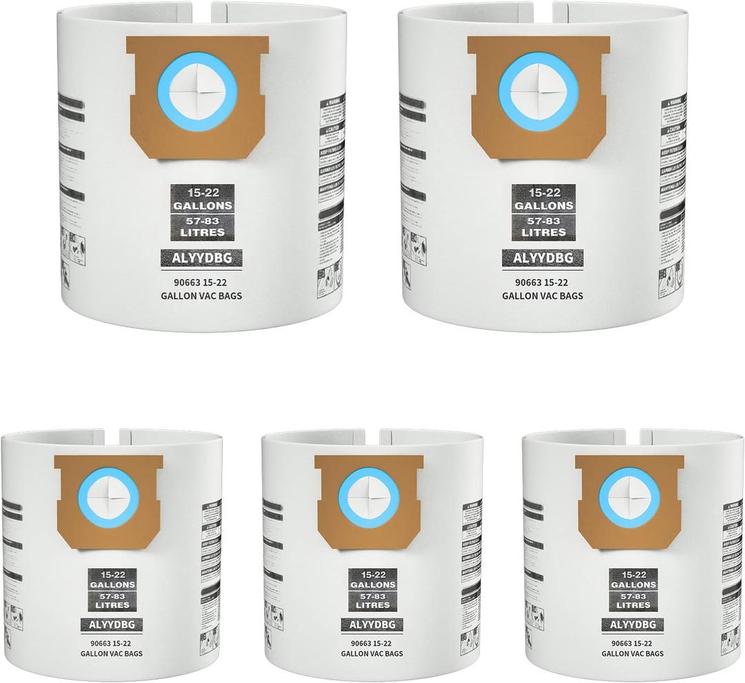 for Shop Vac Bags 15-22 Gallon, Type G 90663 9066300; Type J 90673 9067300 and VF2008 High-Efficiency Disposable Dust Collection Vacuum Filter Bags 5 Pack