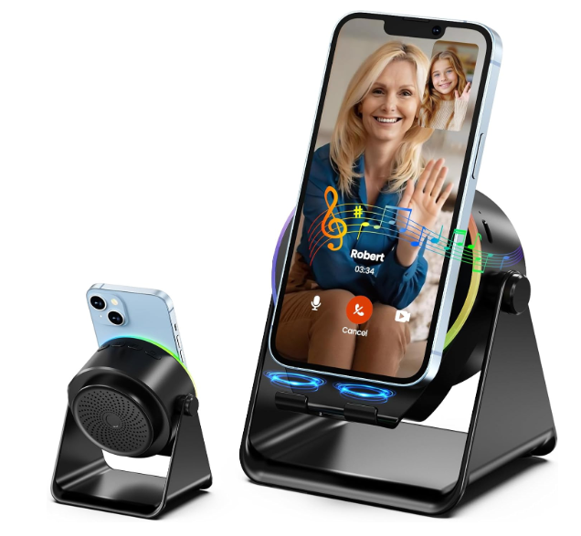 Dohelly Wireless Induction Speaker, Phone Stand with Bluetooth Speaker Amplifier, Stereo Sound, RGB Ambient Light, 360° Adjustable Phone Holder Compatible with iPhone/iPad/Android/Samsung GalaxyBlack