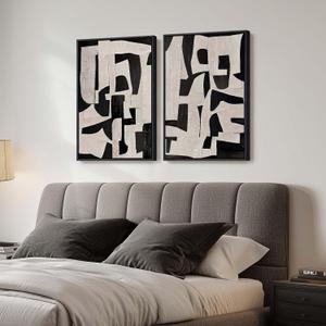 Large Framed Black and Beige Abstract Wall Art, Set of 2 Piece Minimalist Canvas Paintings Artwork for Walls, Modern Art Prints Pictures for Living Room Hallway Dining Room Bedroom Office Wall Decor