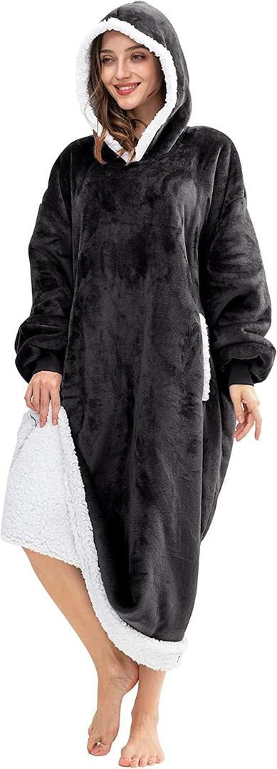 HBlife Long Oversized Wearable Blanket Hoodie for Adults, Thick Sherpa Fleece Sweatshirt with Elastic Sleeves & Giant Pockets, Cozy Plush Fleece Jacket, Black, One Size