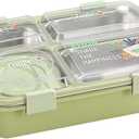 Lunch Box with 4 Compartment Inner Steel, 1 Small Container, Spoon & Chopstick Leakproof Heating & Water Insulation (Green)