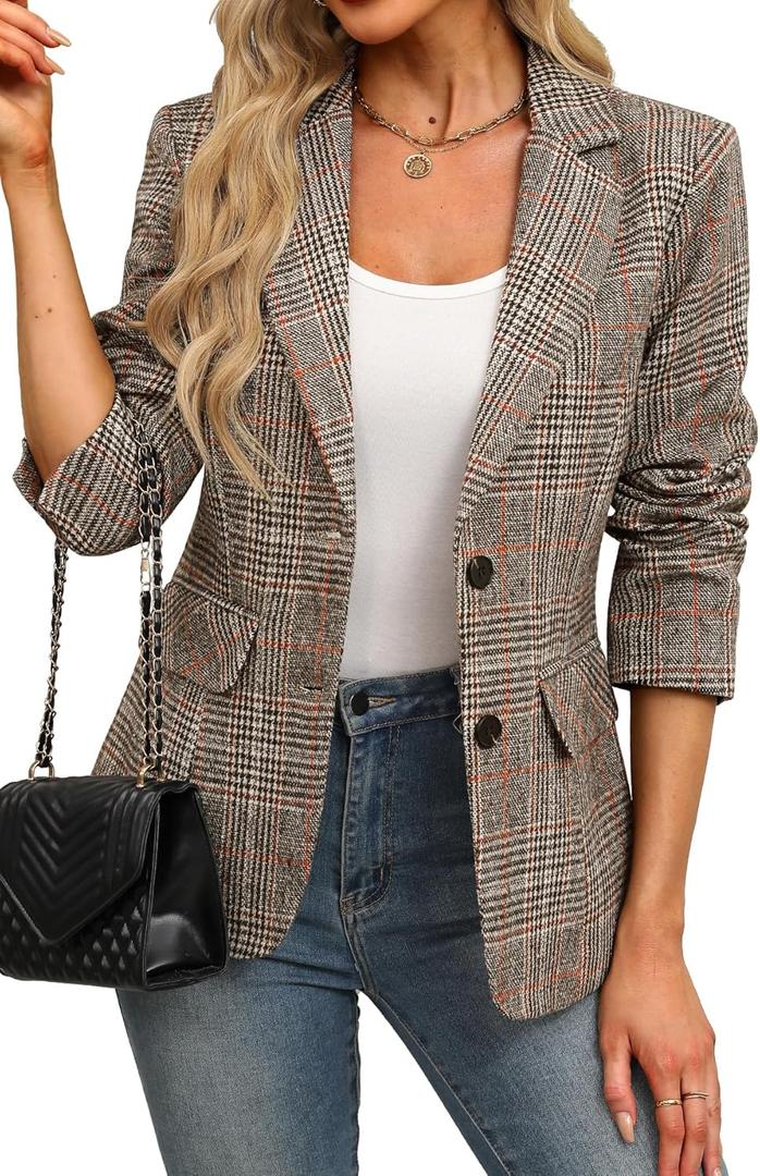ELLEVEN Womens Casual Plaid Blazer Lapel Collar Double Button Long Sleeve Boyfriend Blazer Suit Houndstooth Plaid Blazer Jacket Business Work Office Blazer Suits Brown Plaid, Small