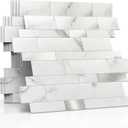 MOFIT Backsplash Tile for Kitchen Peel and Stick Stone Matte Finish,Bathroom Tiles Stickers 3D Wall Panel Linear Mosaic Marble Backsplash Waterproof(10sheets,White Silver)