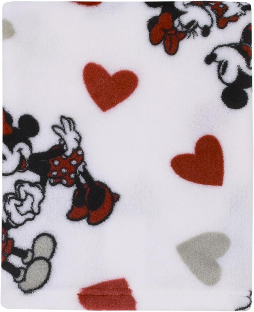 NoJo Disney Mickey Mouse & Minnie Mouse Red, Gray, and White Valentine Hearts Super Soft Plush Baby Blanket (Single)